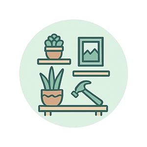 Icono en estilo flat de decoración creativa: muestra una estantería con plantas en macetas, un cuadro decorativo y un martillo sobre una repisa, todo dentro de un círculo verde pastel.