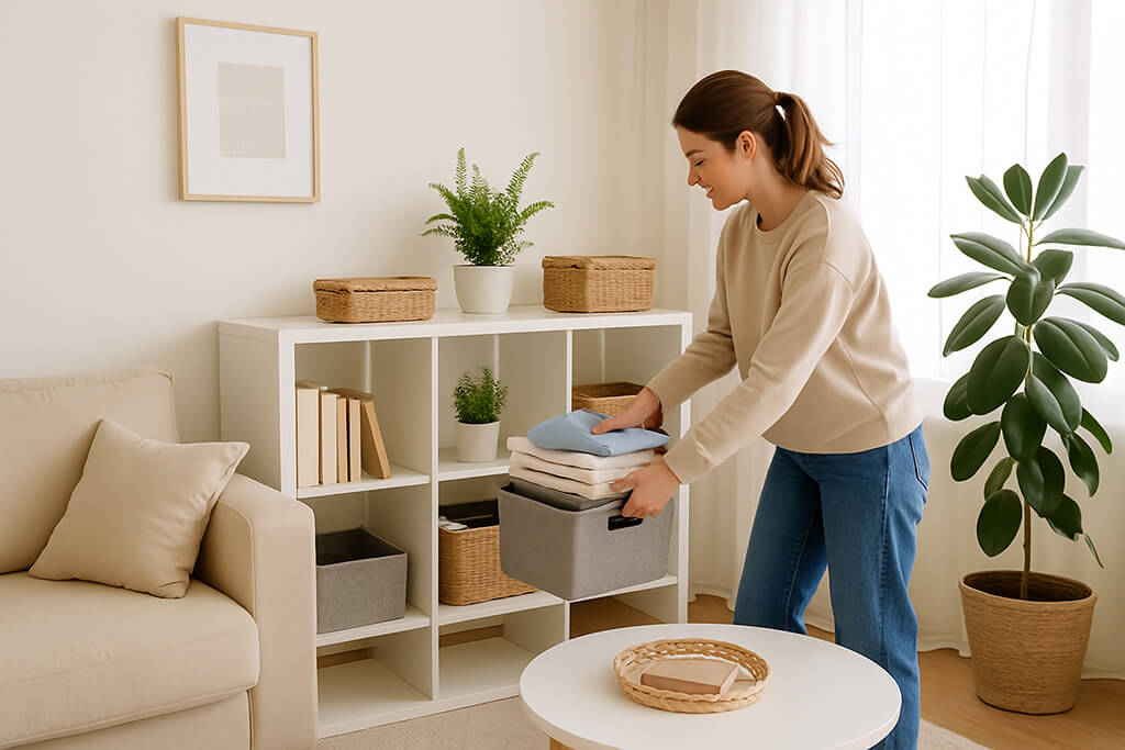 Una fotografía luminosa de un salón bien organizado, con muebles claros, estanterías ordenadas y detalles decorativos minimalistas que transmiten limpieza y armonía diaria.