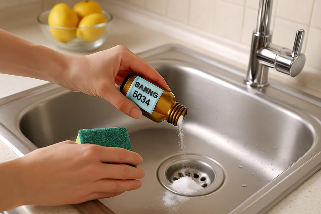 Vista realista de una cocina doméstica moderna con una mujer vertiendo una solución natural en el fregadero, simbolizando el proceso de eliminación de malos olores en las tuberías.