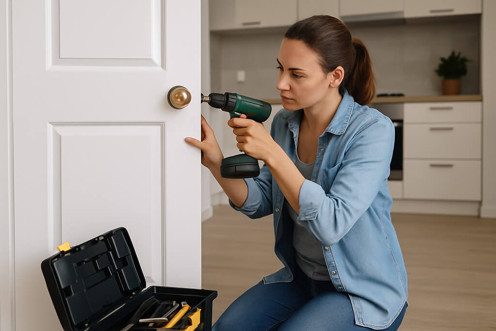 Una mujer de unos 30 años, con piel clara y cabello castaño recogido en una coleta, está arrodillada en el suelo de una cocina mientras utiliza un taladro verde para reparar el pomo de una puerta blanca. A su lado hay una caja de herramientas abierta con varios utensilios. La cocina al fondo es moderna y luminosa, con armarios blancos y encimera de madera clara.