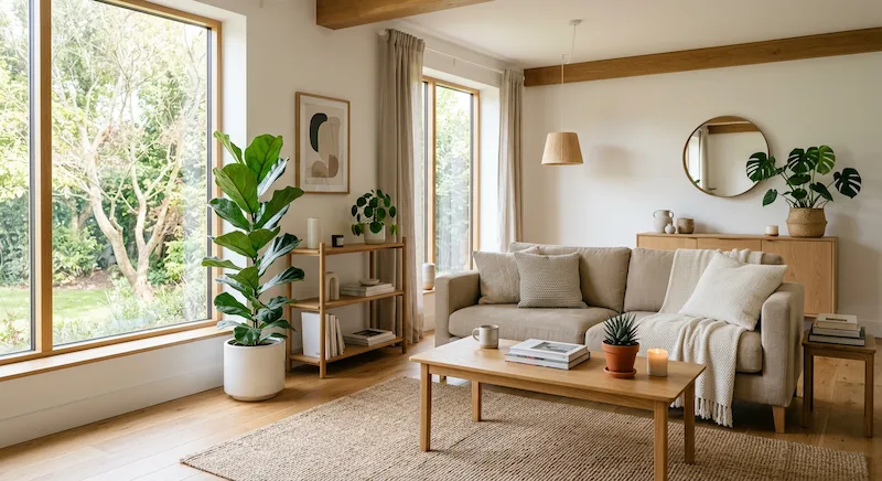 Salón acogedor con decoración natural, plantas y muebles de madera estilo nórdico