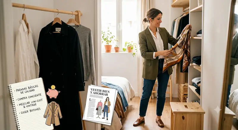Armario ordenado con ropa bien doblada y colgada en perchas de madera con luz natural