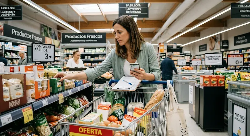Carro de supermercado con alimentos frescos y de marca blanca sobre fondo de tienda iluminada