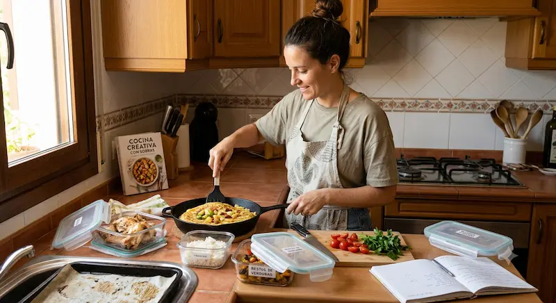 uppers de cristal con sobras organizadas en banco de cocina