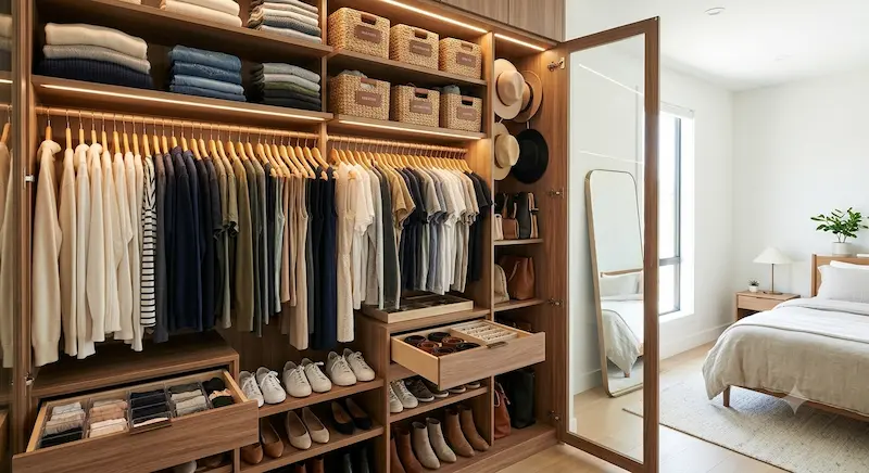Armario organizado con ropa y estantes bien distribuidos