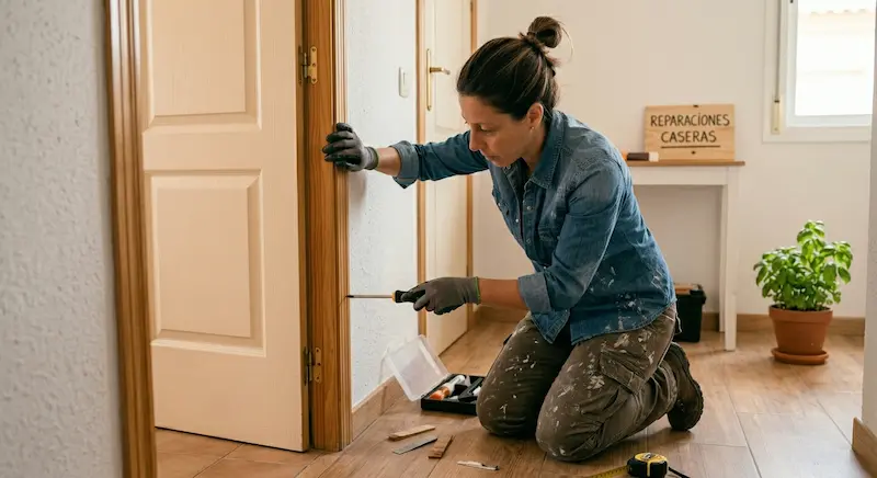 Mano ajustando la bisagra de una puerta de madera interior con destornillador