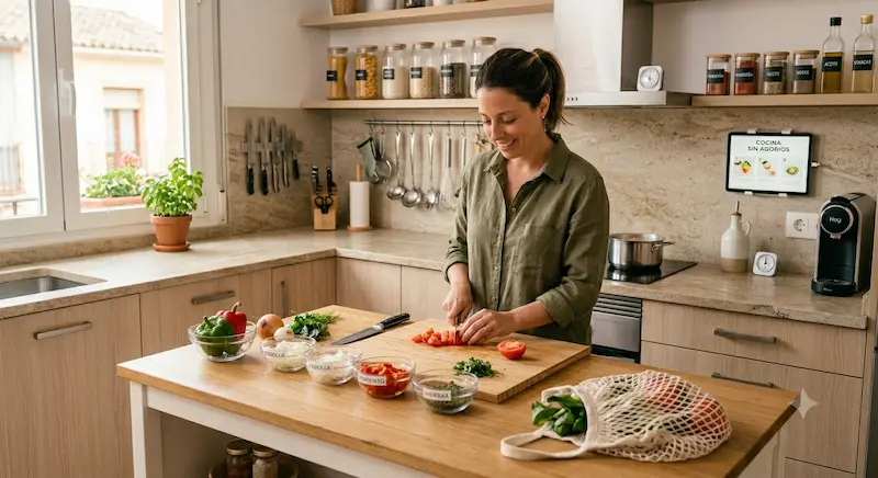 Cocina moderna ordenada con encimera despejada utensilios colgados y cajones organizados con luz natural