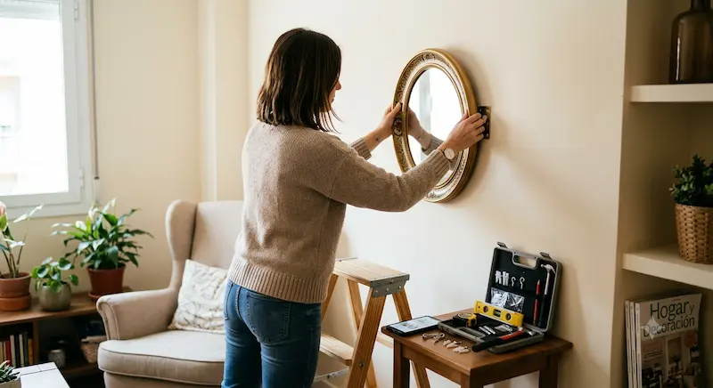 Mujer colgando espejo en pared blanca de salón iluminado con luz natural