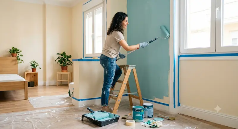 Persona pintando pared blanca con rodillo en habitación de casa con cinta de carrocero en rodapié