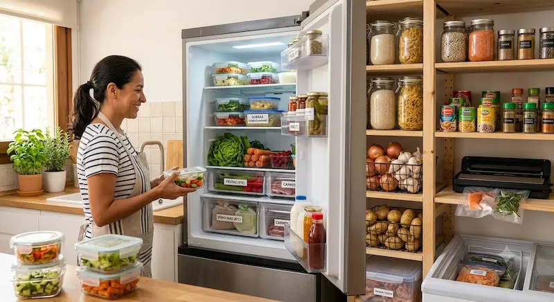 Nevera bien organizada con alimentos frescos en recipientes herméticos ordenados por zonas