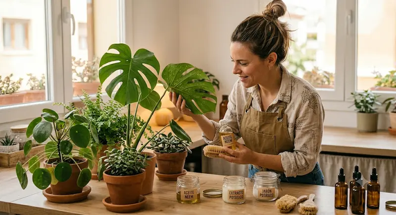 Mujer inspeccionando el envés de una hoja de una planta