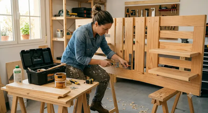 Mujer haciendo un cabecero de cama de madera