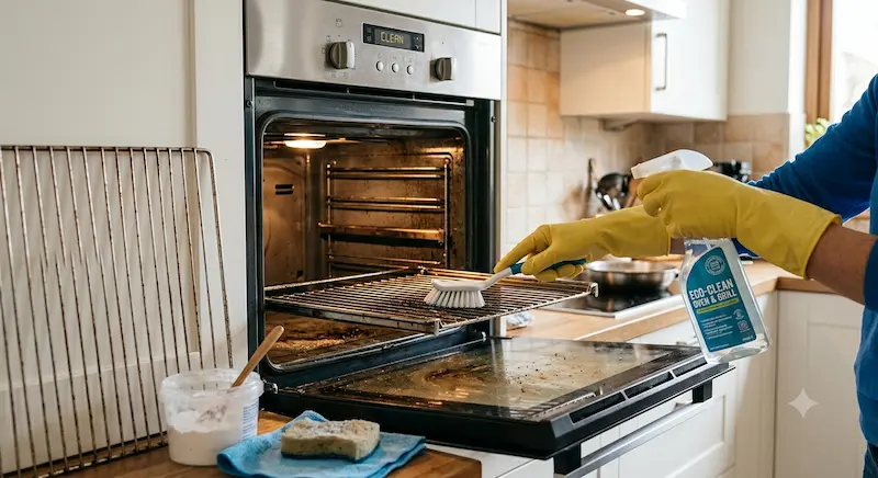Manos limpiando el interior de un horno con bicarbonato y vinagre natural en una cocina moderna