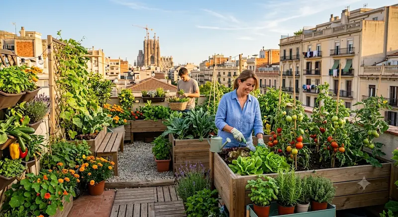 Macetas con plantas de tomate cherry y hierbas aromáticas en una terraza