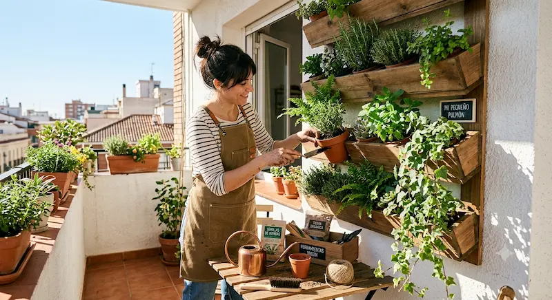 Jardín vertical con plantas aromáticas en palé de madera sobre pared blanca de terraza