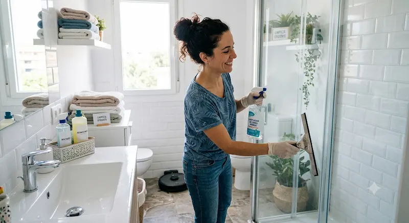 Baño blanco limpio y brillante con azulejos sin cal y mampara transparente con luz natural