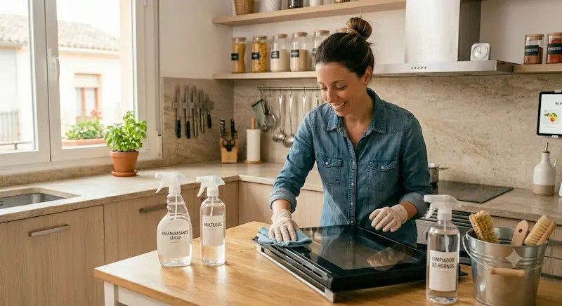 Mujer limpìando la puerta del horno encima de la encimera de la cocina