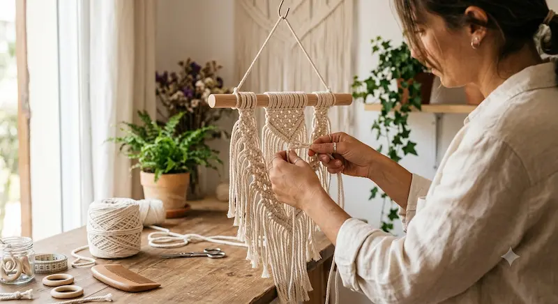 Colgante de macramé hecho a mano colgado en pared blanca de salón moderno con luz natural