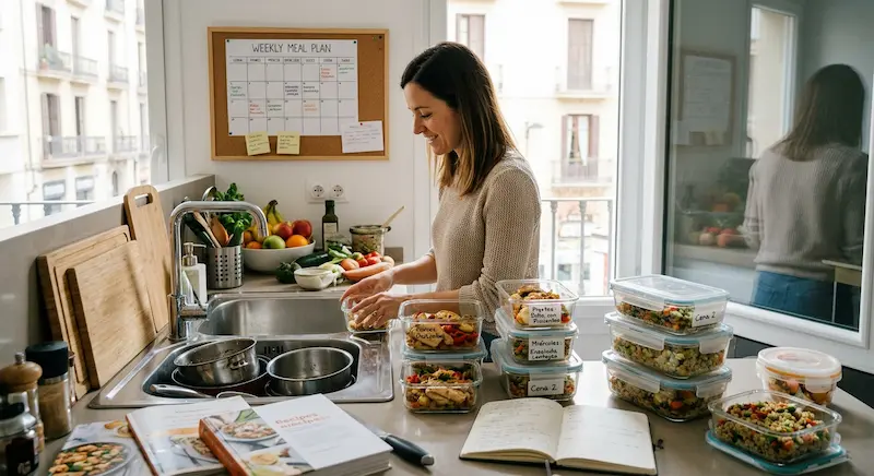 Banco de cocina organizada con tuppers de cristal etiquetados con comidas preparadas para la semana