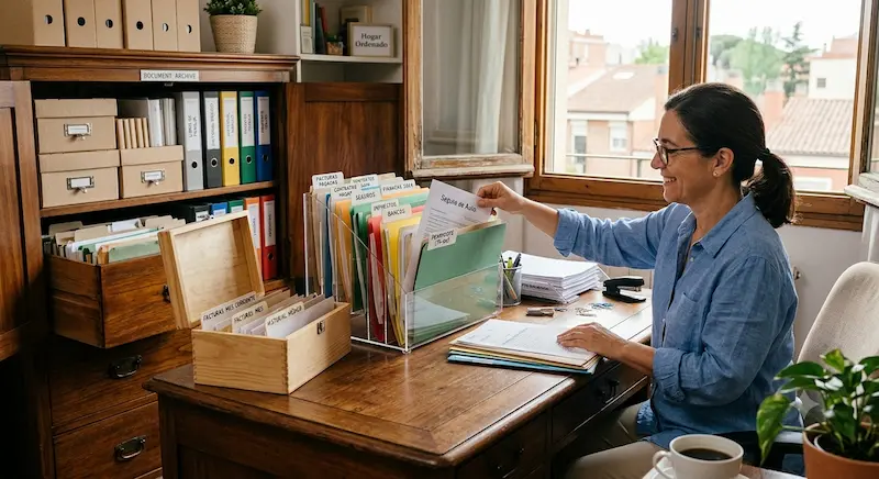 Escritorio ordenado con archivadores de colores, carpetas etiquetadas y bandeja de documentos en casa