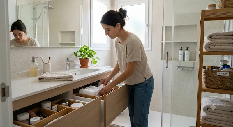 Baño ordenado con estantes, botes etiquetados cajones con separadores con luz natural