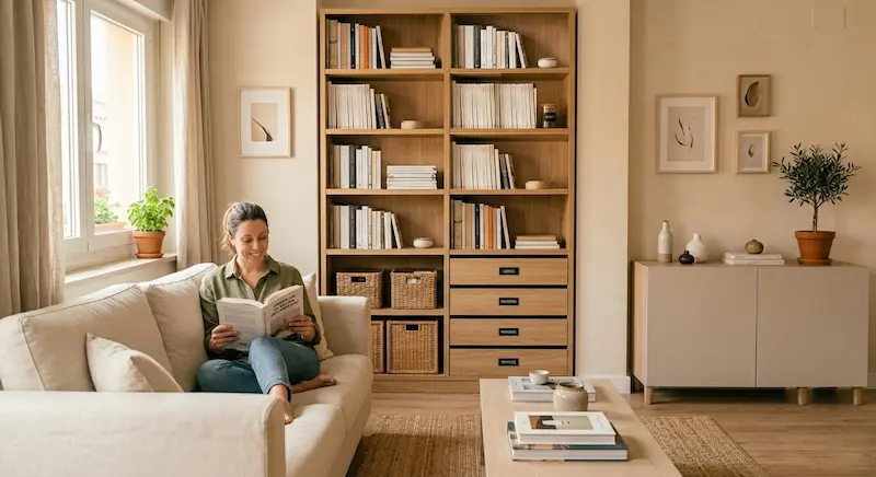 Salón moderno ordenado con sofá, mesa de centro despejada, libros organizados y sin cables visibles