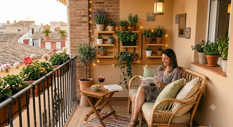 Terraza pequeña decorada con mesa plegable una mujer leyendo en un sofa de mimbre una plantas en maceta y luces cálidas al atardecer