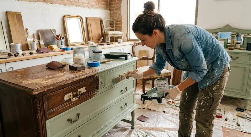 Cómoda antigua pintada en color verde salvia con tiradores dorados sobre suelo de madera clara