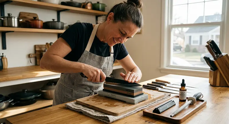 Mujer afilando cuchillo de cocina sobre piedra de agua en cocina moderna