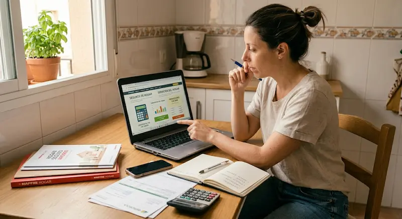 Persona revisando facturas y contratos de servicios del hogar en mesa con calculadora y ordenador