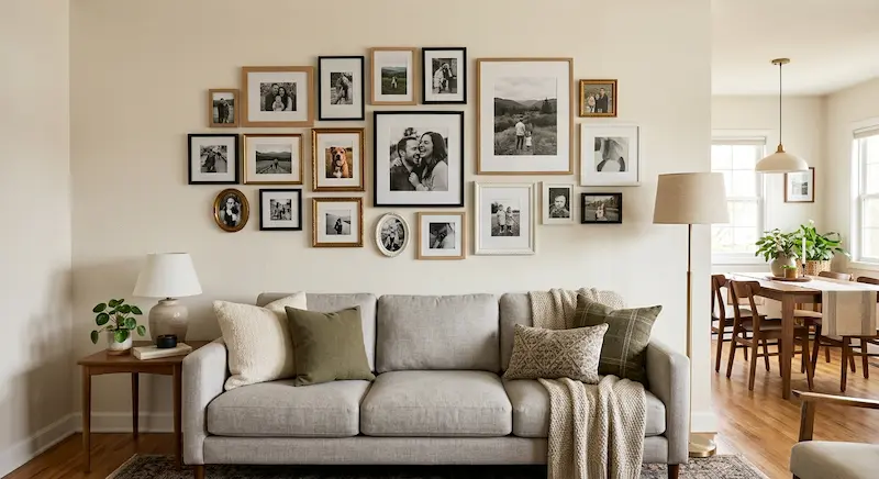 Pared galería de marcos de distintos tamaños con fotos en blanco y negro sobre pared blanca de salón moderno