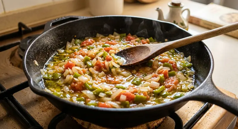 Sofrito de cebolla tomate y pimiento pochando despacio en sartén de hierro con aceite de oliva