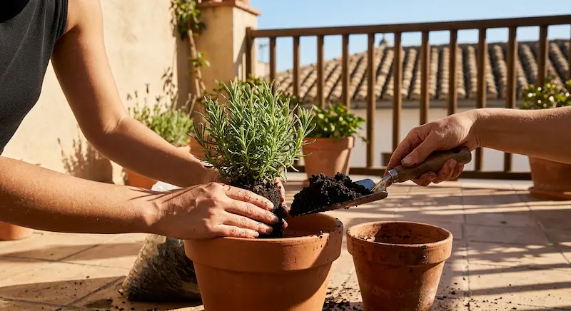 Manos trasplantando una planta de maceta pequeña a una más grande con sustrato fresco en terraza soleada