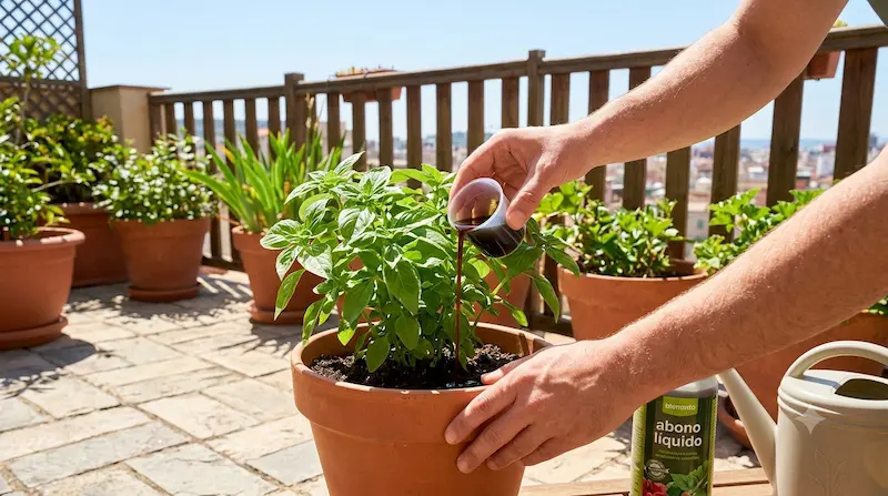Manos aplicando abono líquido a plantas en maceta en terraza soleada