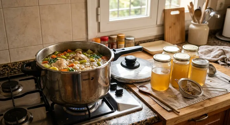 Olla con caldo casero de pollo y verduras junto a tarros de cristal con caldo colado