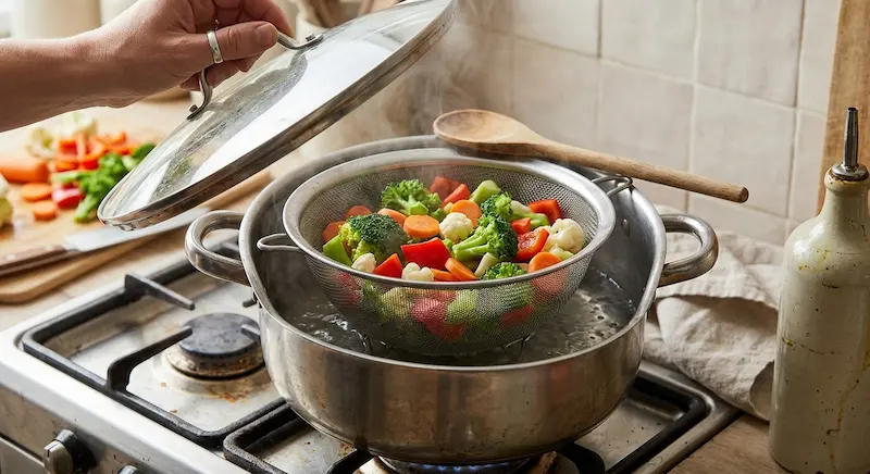 Verduras frescas cocinándose al vapor en colador metálico sobre olla con tapa en cocina moderna, luz natural, sin personas, fotorrealista
