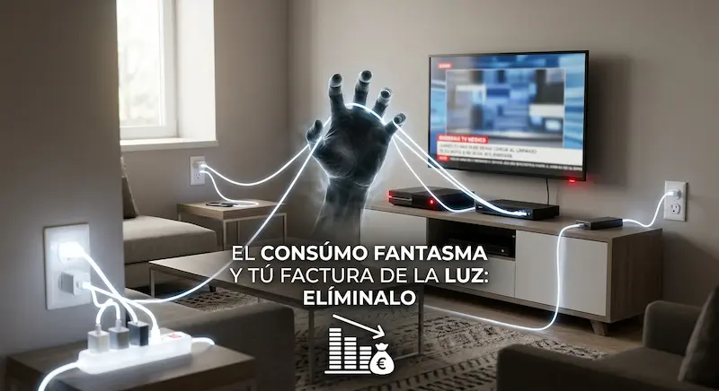 Imagen de una sala de estar con varios aparatos electrónicos conectados a enchufes y regletas. Cables luminosos representan el consumo de electricidad en modo de espera, mientras una mano fantasma simboliza el consumo energético invisible. En el centro aparece el texto: «EL CONSUMO FANTASMA Y TÚ FACTURA DE LA LUZ: ELÍMINALO», acompañado de un gráfico de consumo y un icono de dinero.