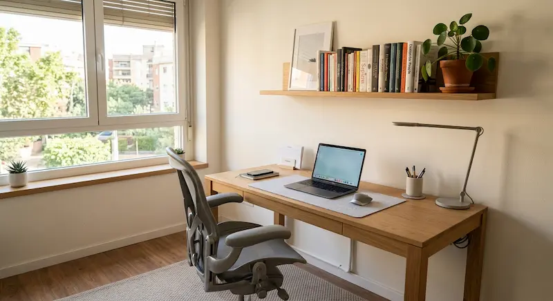 rincón de trabajo en casa ordenado con escritorio despejado, cable management integrado, estante con libros y planta, luz natural, sin personas, fotorrealista