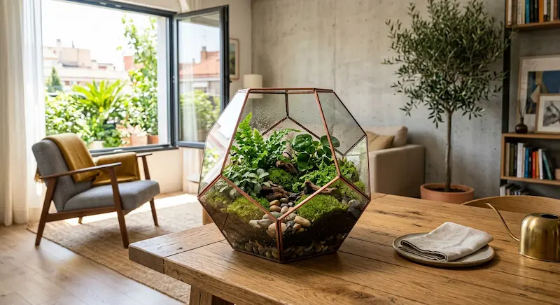 Terrario de cristal con plantas musgo y piedras decorativas sobre mesa de madera con luz natural