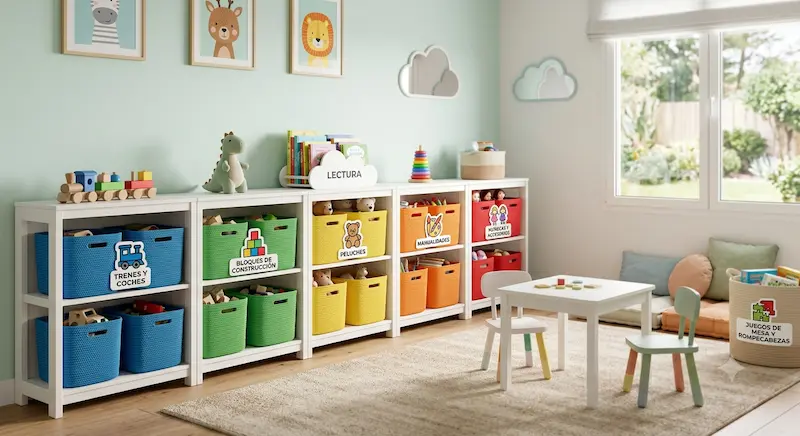 Habitación infantil con estantes bajos y cestas de colores organizadas por categoría de juguete
