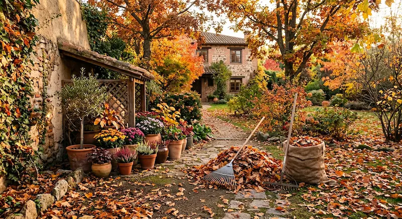 Jardín residencial en otoño con hojas caídas siendo recogidas con rastrillo, macetas agrupadas cerca de una pared protegida, luz cálida de tarde, fotorrealista, sin personas visibles