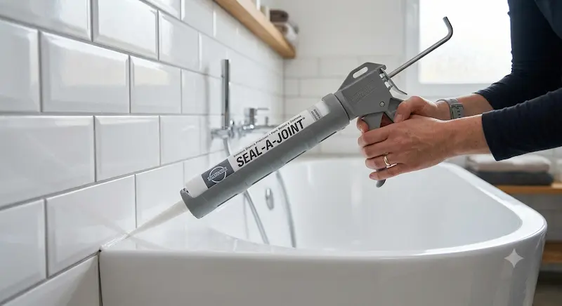 Mano aplicando silicona blanca con pistola en junta entre azulejo y bañera en baño moderno